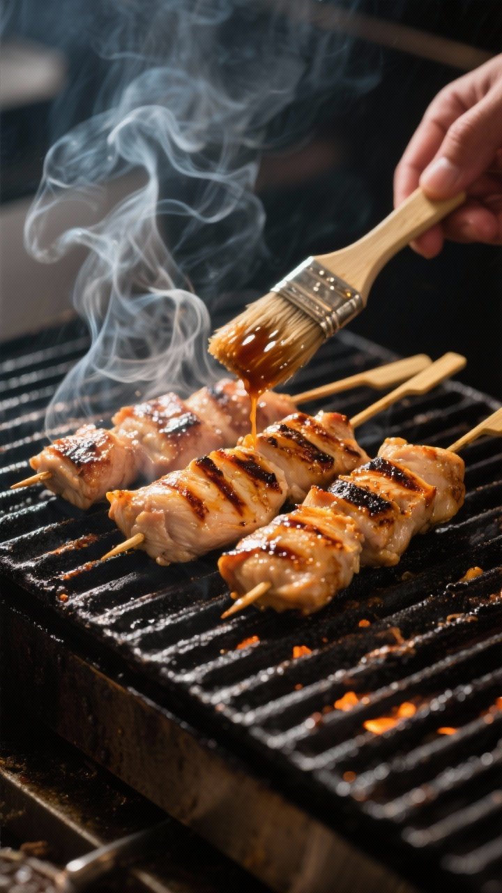 Cooking process: Chicken on a stick sizzling on a preheated grill at medium-high, grill marks formin