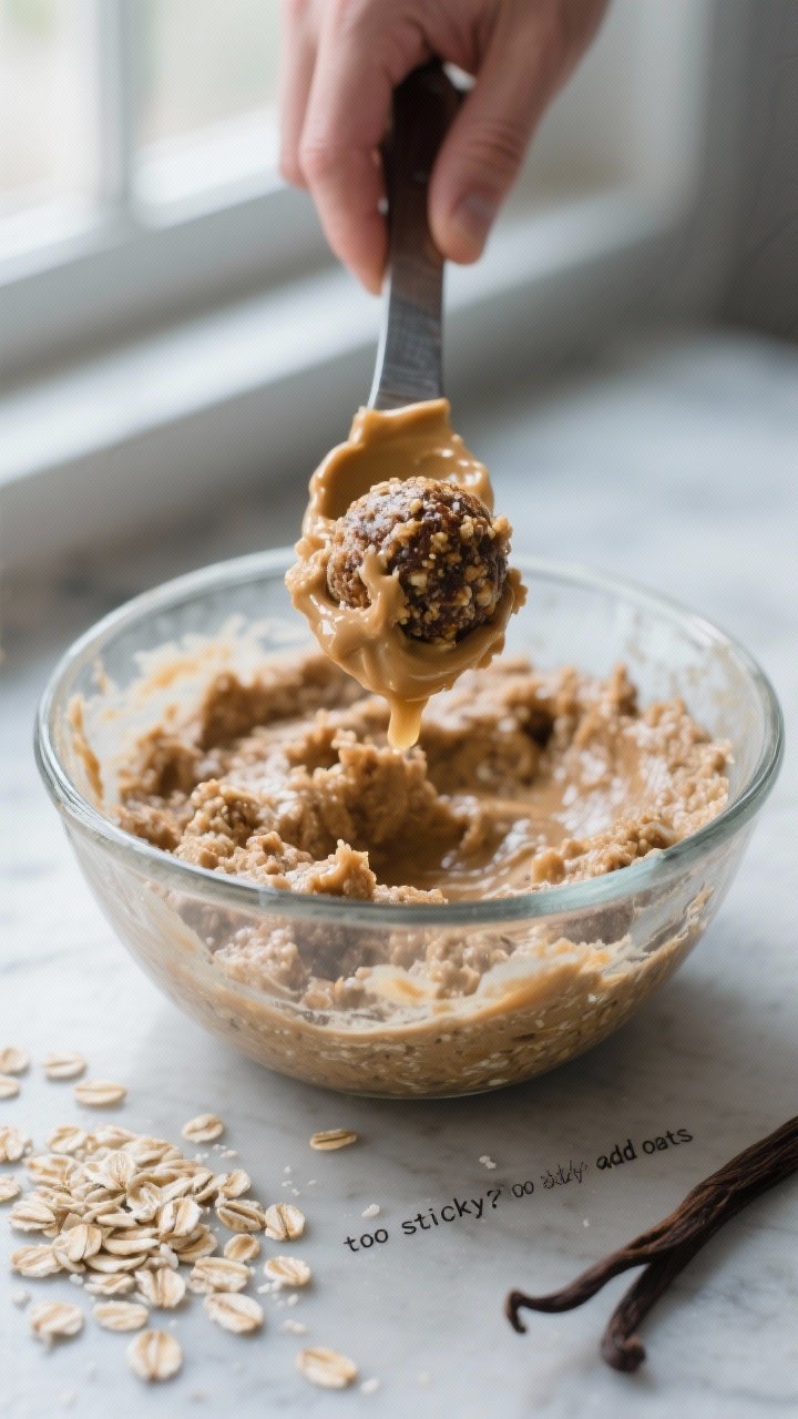 Cooking process: chilled energy-bite mixture in a clear glass bowl, thick and cohesive, with a sturd