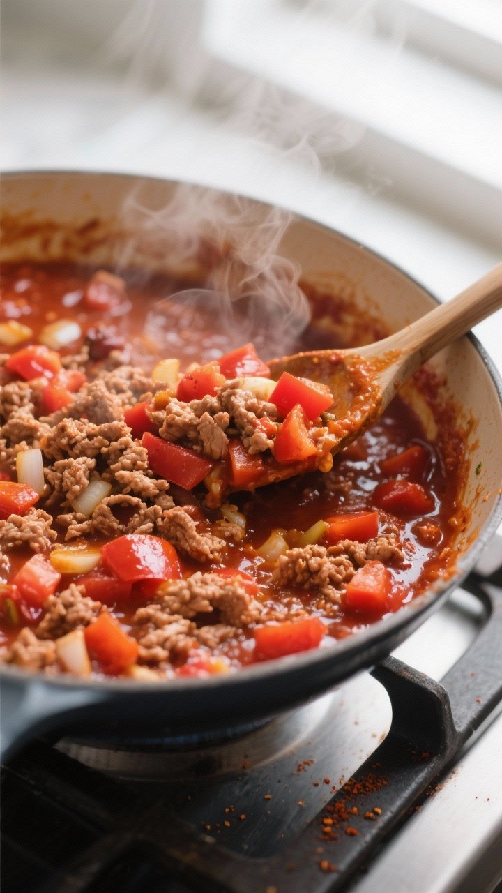 Cooking process, close-up detail: Close-up of turkey chili simmering in a wide, shallow pot, showing