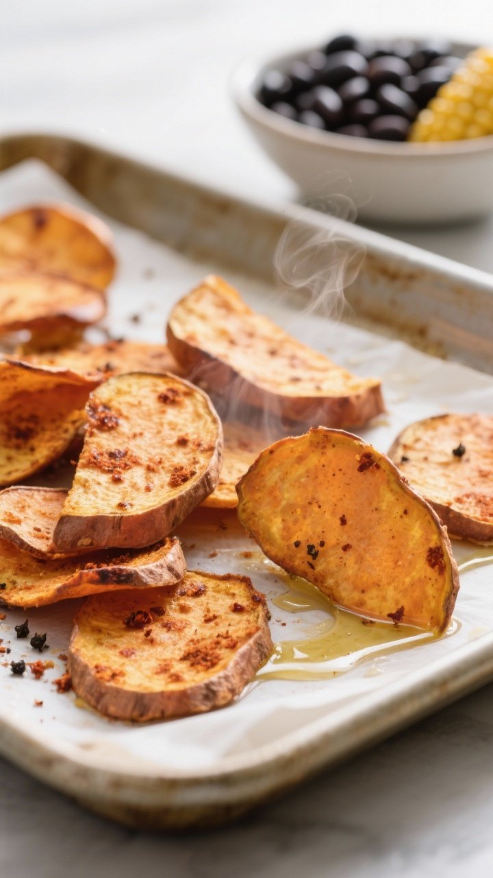 Cooking process, close-up detail: Crisped sweet potato “chips” just out of the oven on a parchme