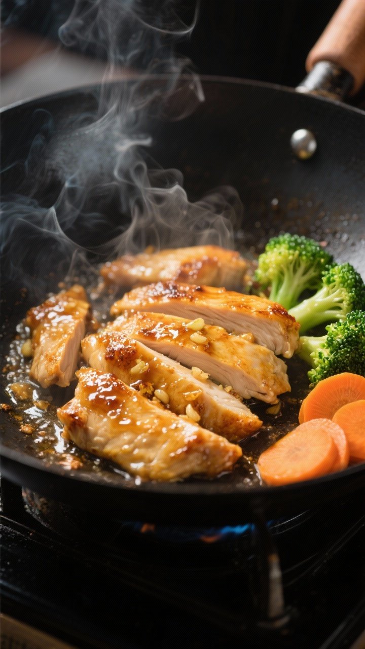 Cooking process, close-up detail: Searing honey-garlic marinated chicken slices in a smoking-hot wok