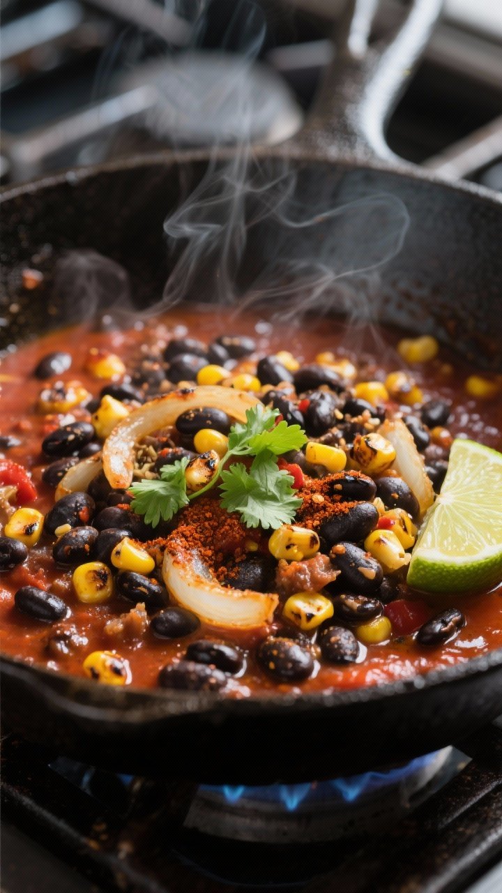 Cooking process, close-up detail: Sizzling black bean and corn filling in a cast-iron skillet over m