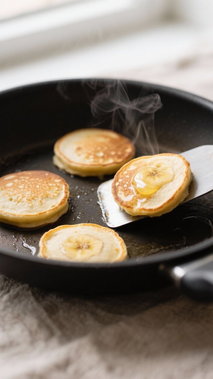Cooking process, close-up detail: Small 3–4 inch banana-egg pancakes setting in a nonstick skillet