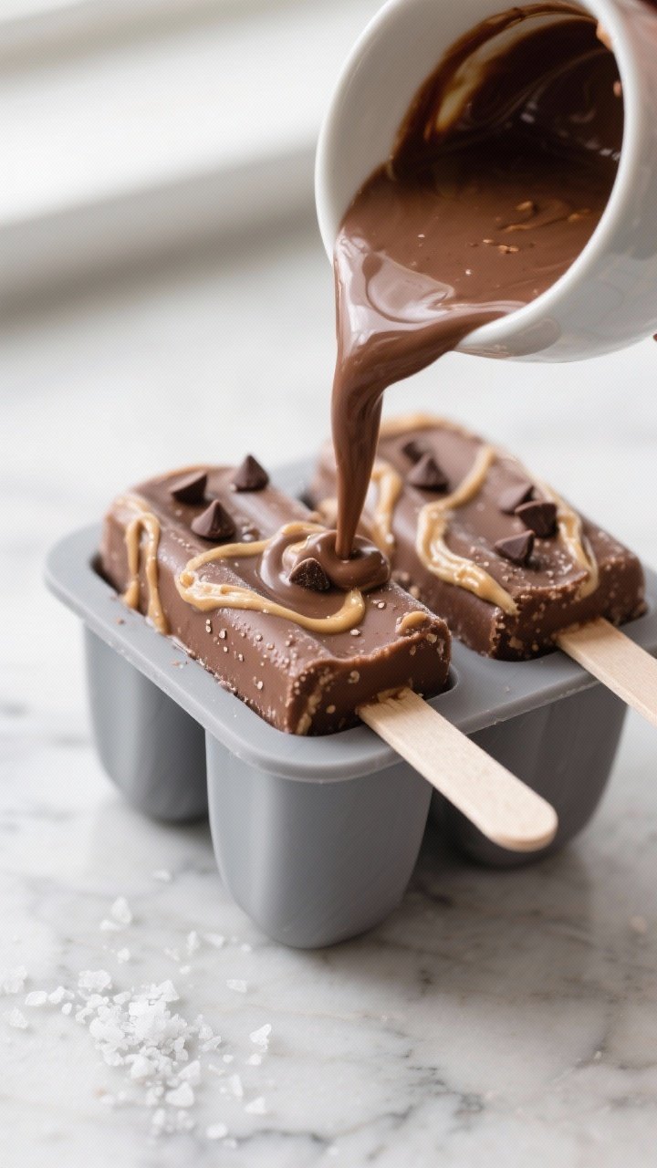 Cooking process, close-up detail: Thick, pudding-smooth chocolate-avocado fudge pop mixture being po