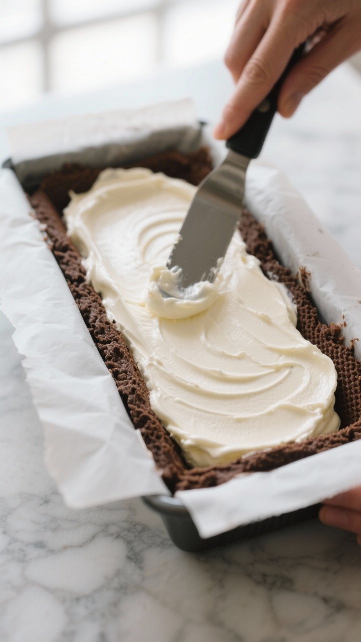 Cooking process, close-up: Loaf pan lined with parchment on a marble surface, first snug layer of cr