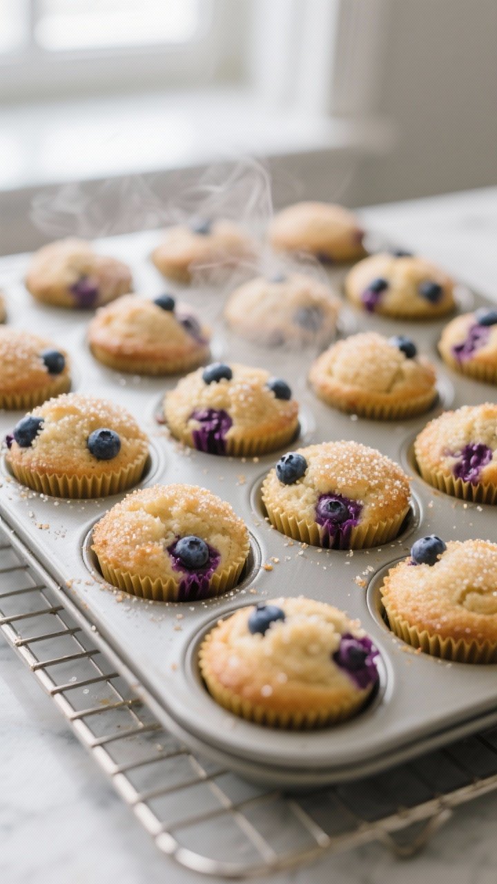 Cooking process close-up: Mini blueberry muffins just out of the oven in a 24-cup mini muffin tin, g