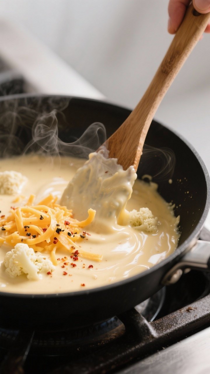 Cooking process close-up: Silky cauliflower-cheddar cheese sauce being gently stirred over low heat 