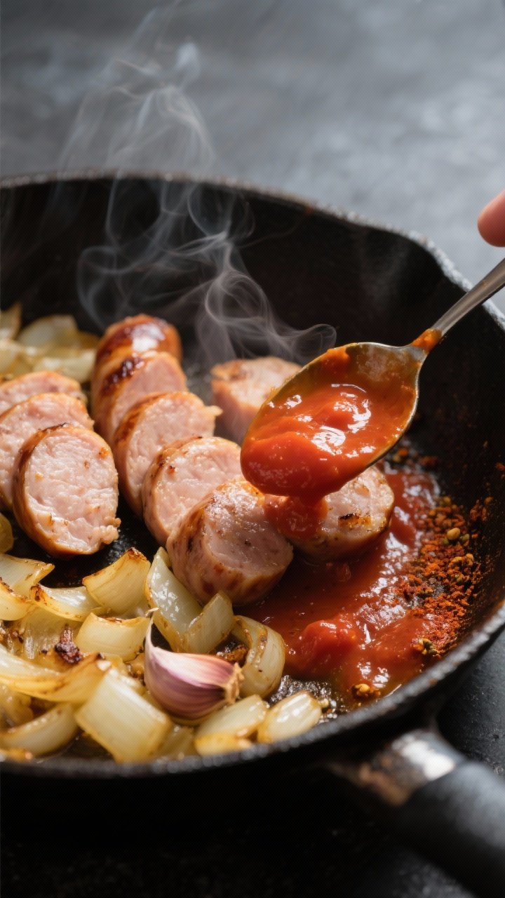 Cooking process, close-up: Slices of lean chicken sausage caramelizing in a skillet alongside golden