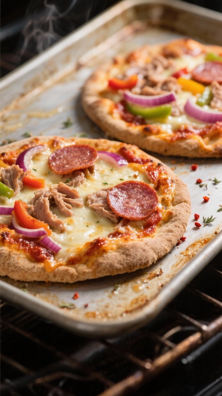 Cooking process – Flatbread pizza on a preheated sheet pan in a 450°F oven: close-up of two whole
