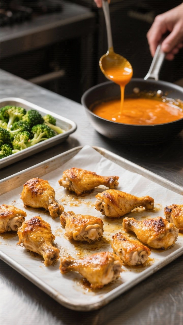 Cooking process: Golden baked chicken pieces on a parchment-lined sheet pan at the flip stage—perf