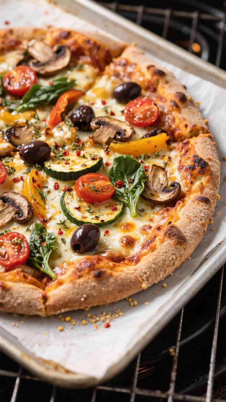 Cooking process, high-heat roast: Sheet-pan of partially roasted veggie pizza just pulled from a 500