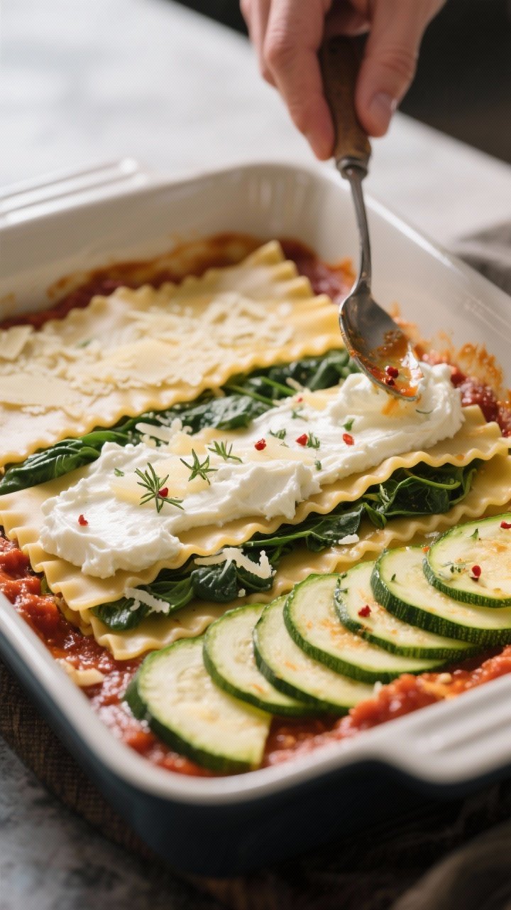 Cooking process: Mid-assembly scene in a baking dish showing the ordered layering—parboiled lasagn