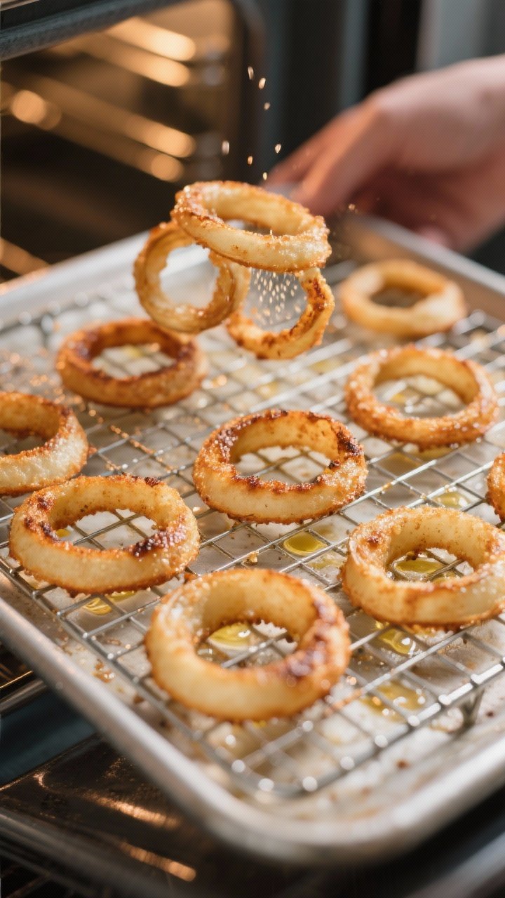 Cooking process: Mid-bake flip scene—baked onion rings spaced out on a preheated wire rack, some f