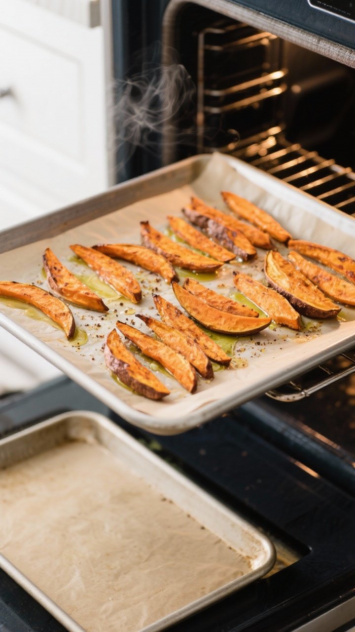 Cooking process: Oven method in action—overhead shot of a preheated parchment-lined sheet pan with