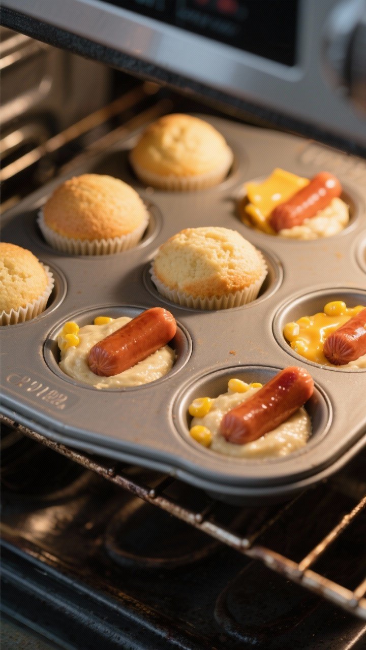 Cooking process: Overhead, mid-bake moment at 400°F—mini muffin tin on an oven rack with batter b