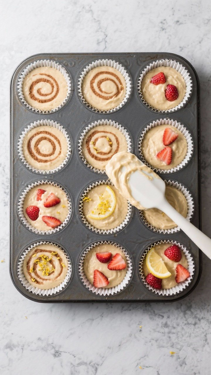 Cooking process: Overhead shot of a 12-cup muffin tin lined with papers and filled 3/4 full with thi