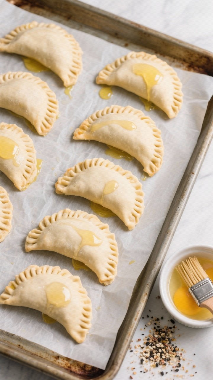 Cooking process: Overhead shot of a parchment-lined baking sheet with neatly arranged half-moon empa