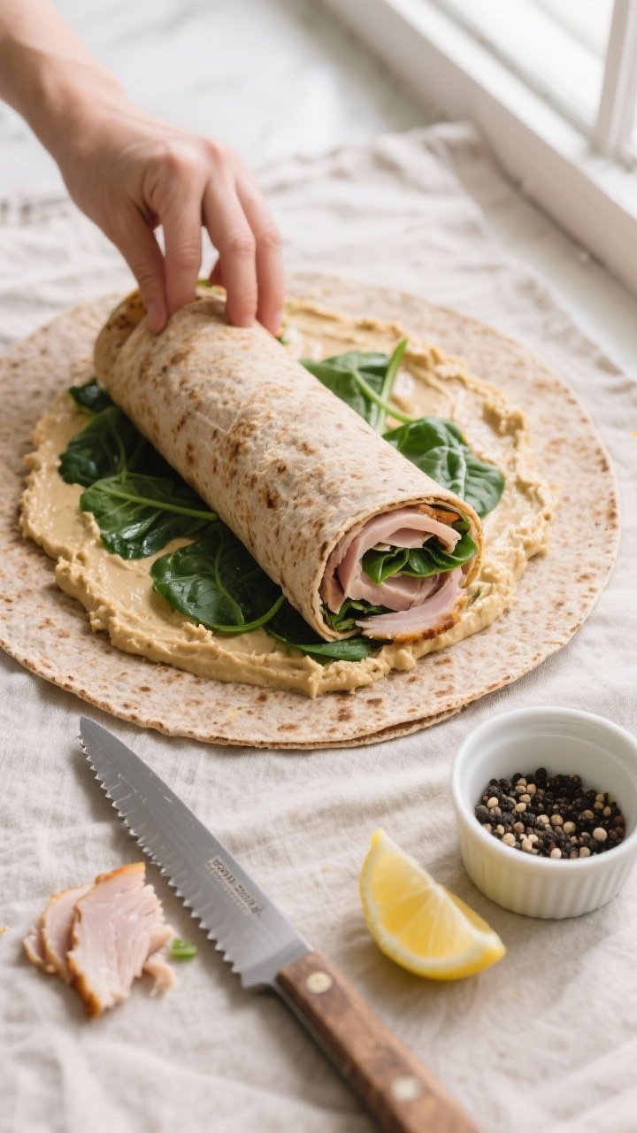 Cooking process: Overhead shot of a whole-wheat tortilla already spread edge-to-edge with garlic hum
