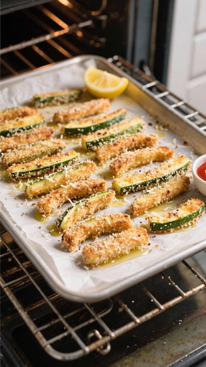 Cooking process: Overhead shot of a wire rack on a parchment-lined sheet pan in the oven, rows of fu