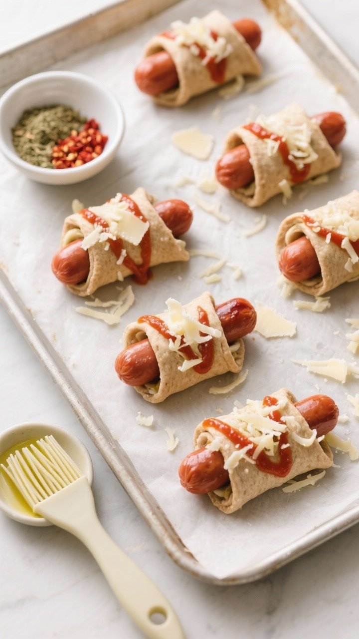 Cooking process: Overhead shot of assembled wraps just before baking—hot dogs snugly rolled in who