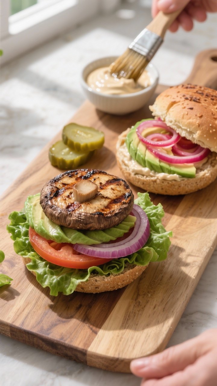 Cooking process: Overhead shot of burger assembly on a wooden board—lightly toasted whole-wheat bu