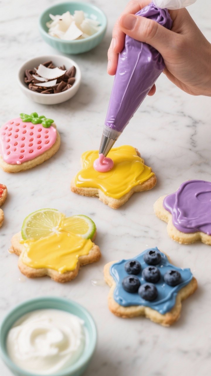 Cooking process: Overhead shot of cooled cookie shapes being decorated with vibrant fruit-based icin