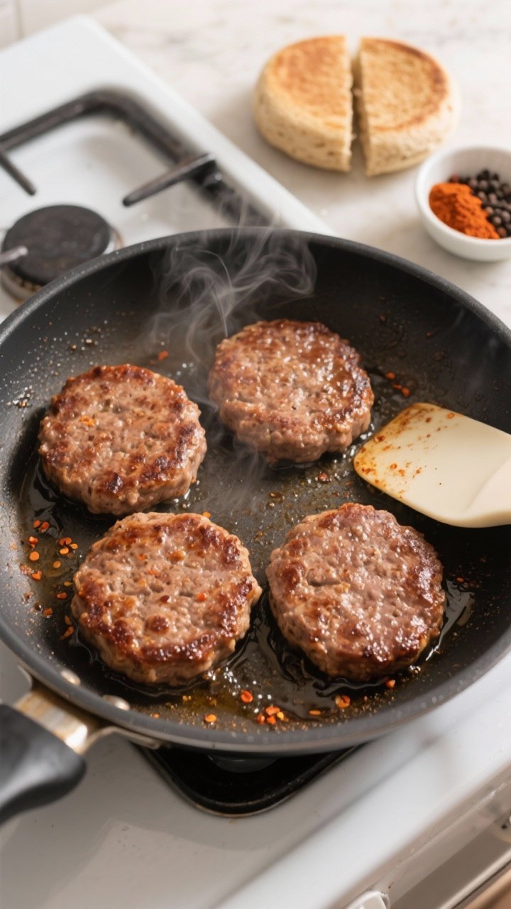 Cooking process: Overhead shot of four lean sausage patties sizzling in a nonstick skillet, mid-brow