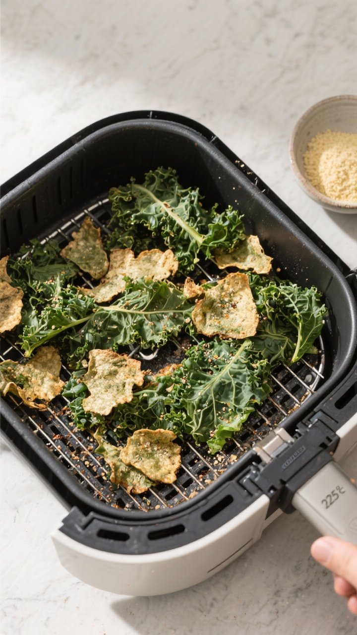 Cooking process: Overhead shot of kale chips mid-cook in an air fryer basket at 325°F, loosely laye