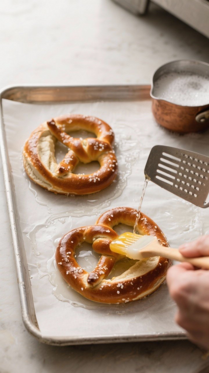 Cooking process: Overhead shot of pretzel shaping and soda-bath sequence on a clean workspace—parc