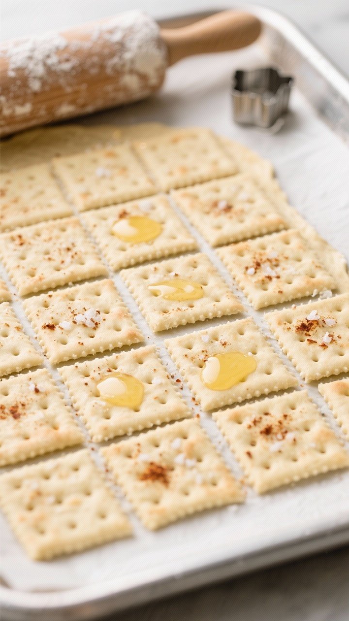 Cooking process: Overhead shot of rolled-out cracker dough cut into 1-inch squares on parchment-line