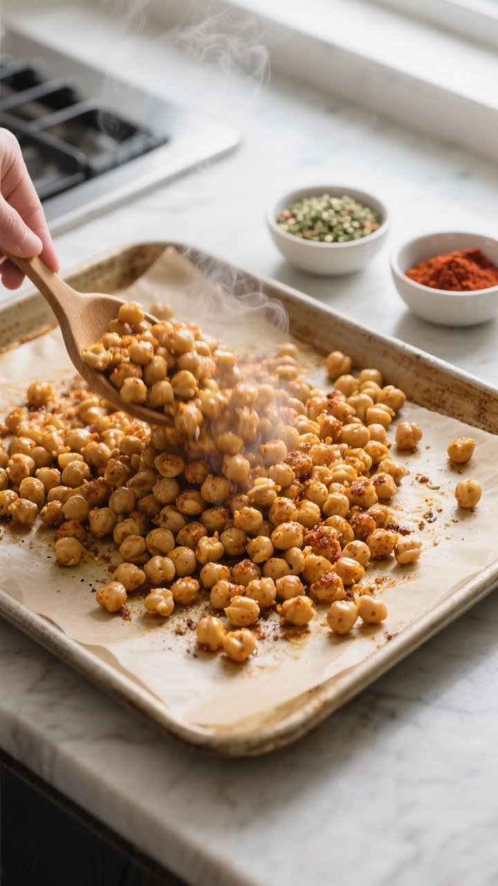 Cooking process: Overhead shot of seasoned chickpeas mid-bake after the pre-roast step, being shaken
