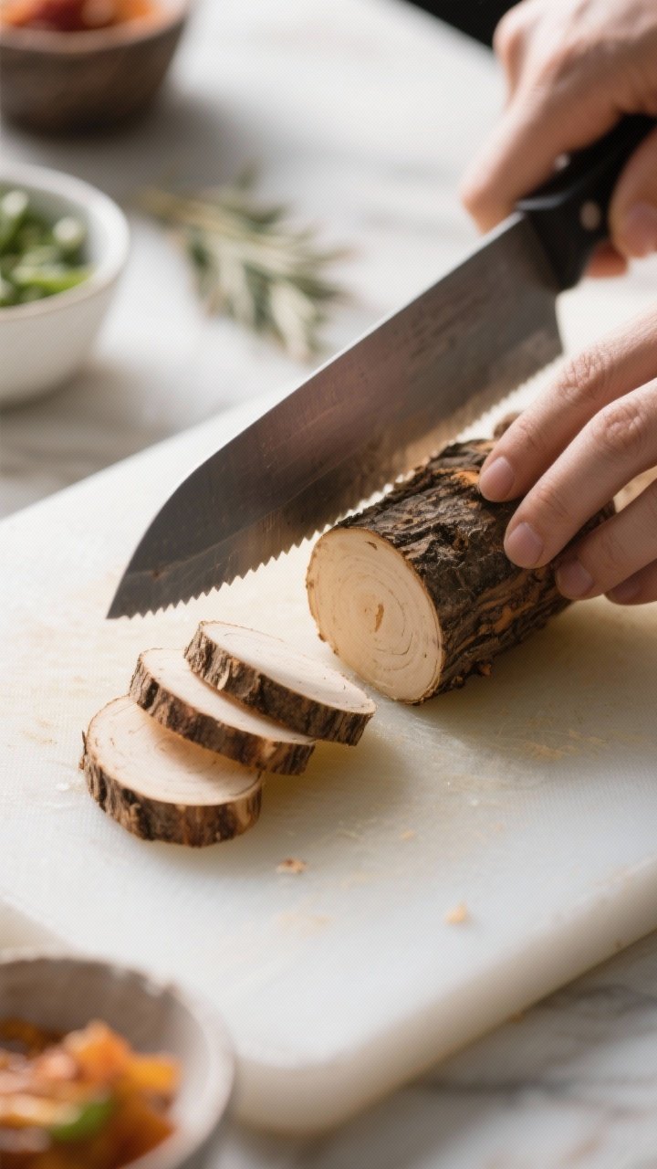 Cooking process: Overhead shot of sliced logs being cut into 1–