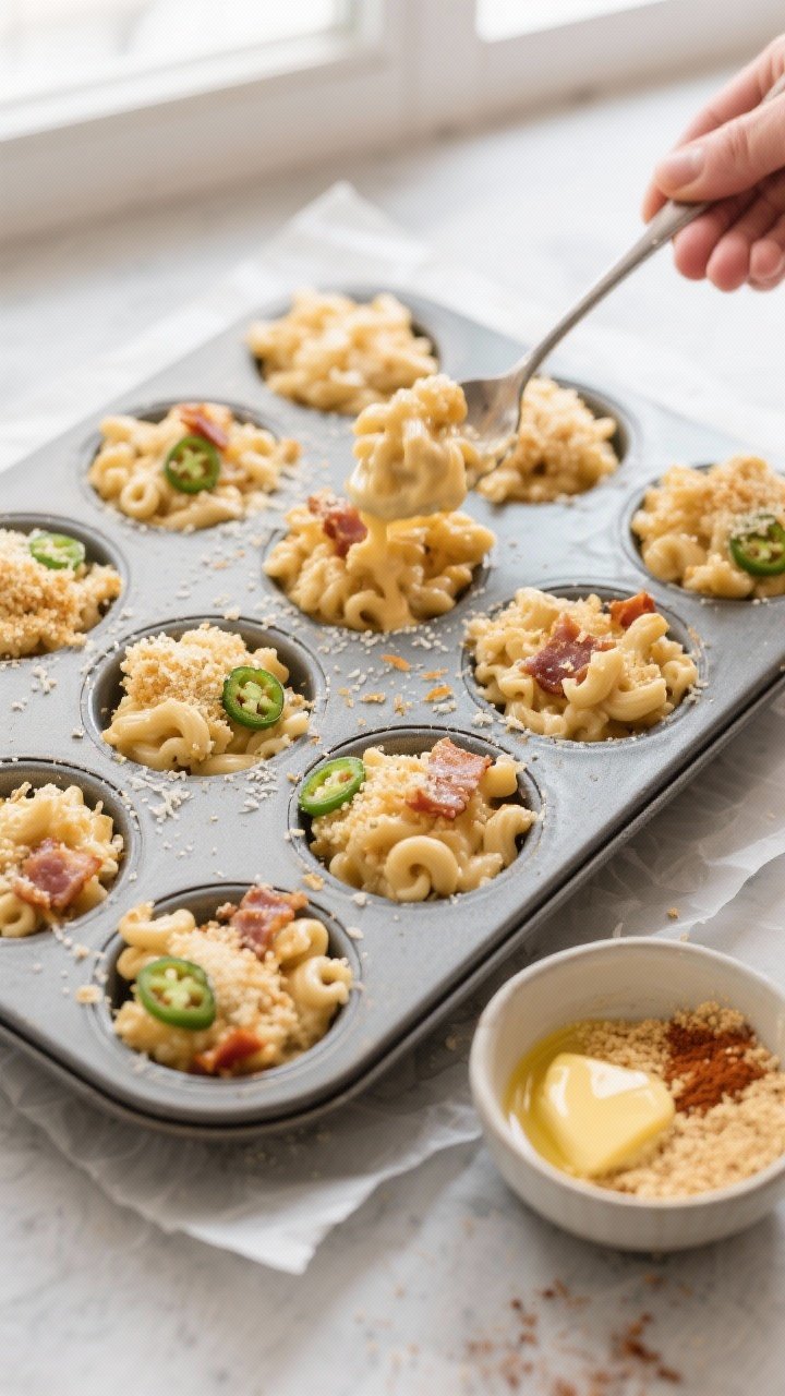 Cooking process: Overhead shot of the mac mixture being packed into a 12-cup muffin tin—each cup f