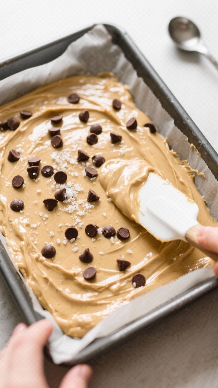 Cooking process: Overhead shot of the thick, glossy blondie batter being spread evenly into a parchm