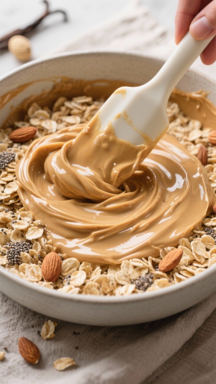 Cooking process: Overhead shot of the warm binder being folded into the cereal in a large bowl, capt
