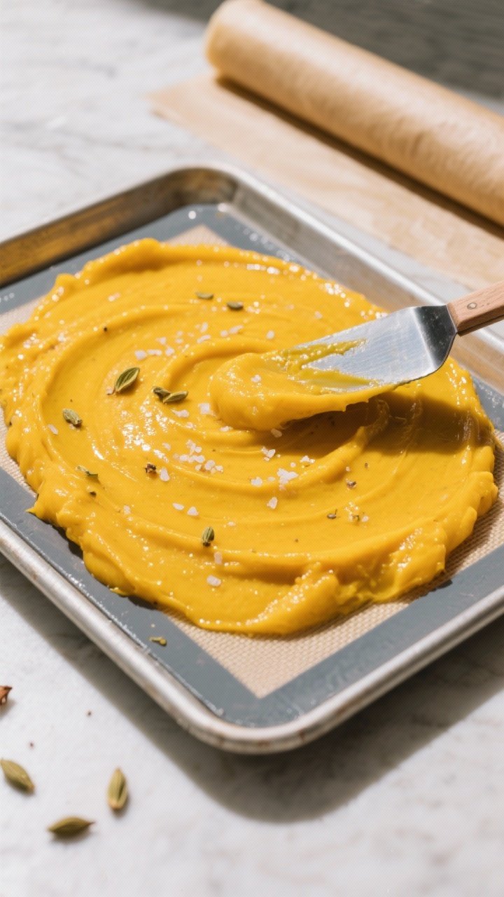 Cooking process: Overhead shot of thick mango-cardamom purée being spread evenly with an offset spa