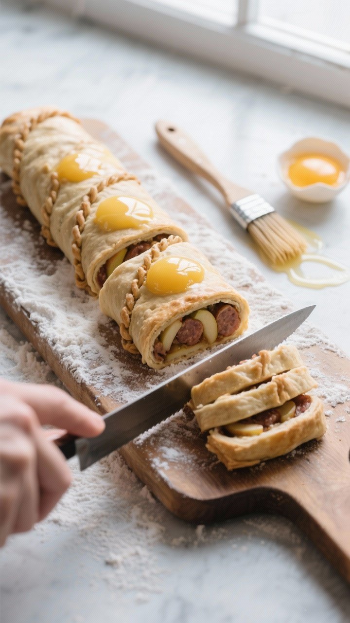 Cooking process: Overhead shot of two chilled, assembled sausage-roll logs on a floured board, just