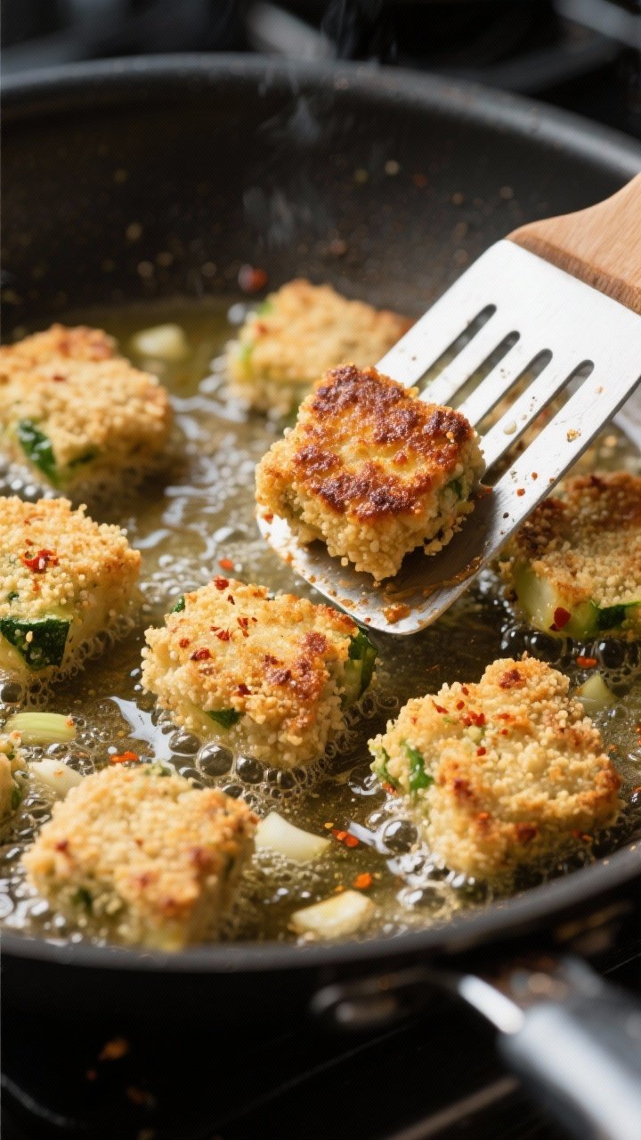 Cooking process: Pan-frying scene of bite-sized veggie nuggets sizzling in a thin layer of neutral o