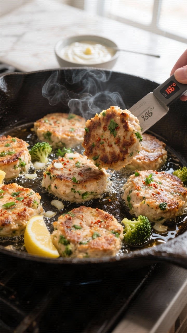 Cooking process: Pan-frying scene of multiple chicken & broccoli patties sizzling in a large cast-ir