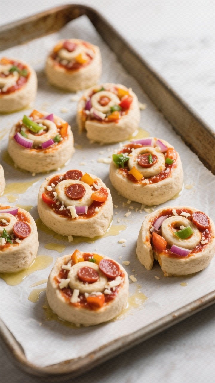 Cooking process: Pizza roll bites on a parchment-lined sheet pan after slicing and before baking, ti