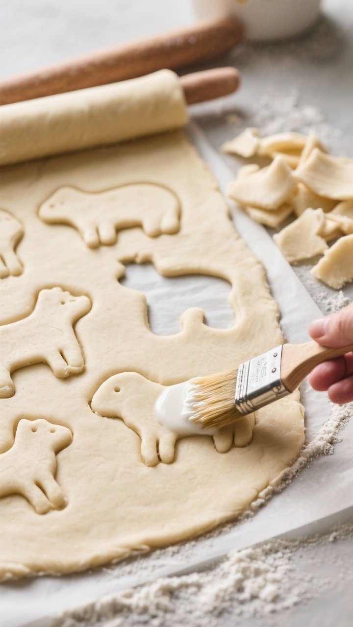 Cooking process: Rolled dough at an even 1/8 inch thickness with several crisp-edged animal cutouts