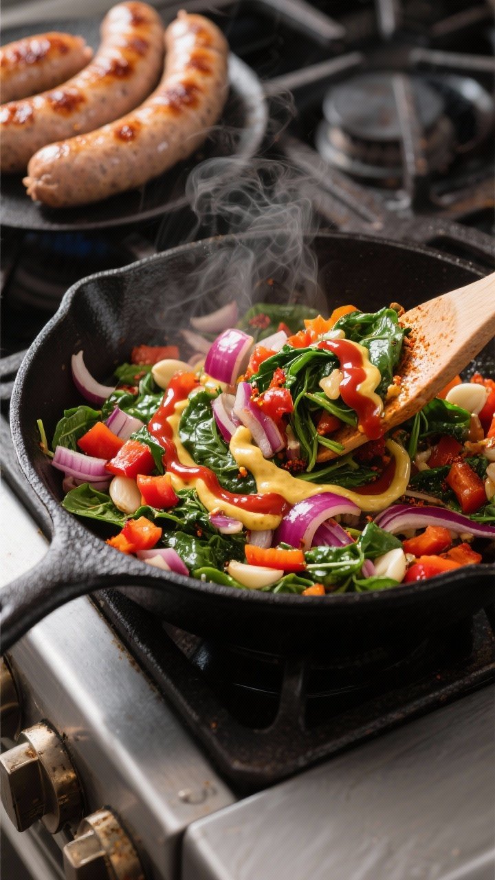 Cooking process: Sautéed veggie mixture being folded together in a black skillet—softened red oni