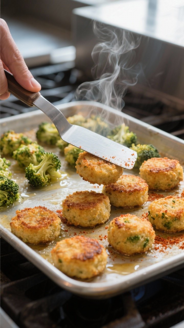 Cooking process shot: mid-bake flip scene showing broccoli tots being turned with a thin spatula on 