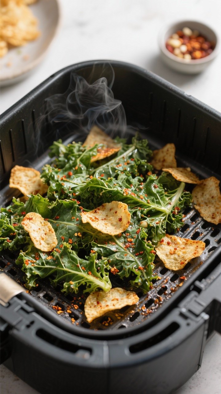 Cooking process shot: Overhead view of a single, airy layer of seasoned kale in an air fryer basket 