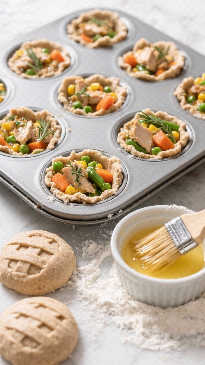 Cooking process shot: Overhead view of assembly in a standard 12-cup metal muffin tin. Whole-wheat d