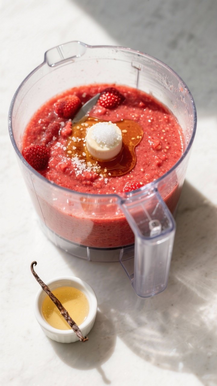 Cooking process shot: Overhead view of the strawberry base being blended to a glossy, seed-speckled 