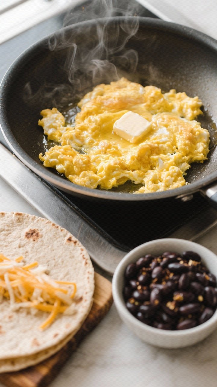 Cooking process shot: Scrambled eggs being softly set in a nonstick skillet over medium heat, glossy