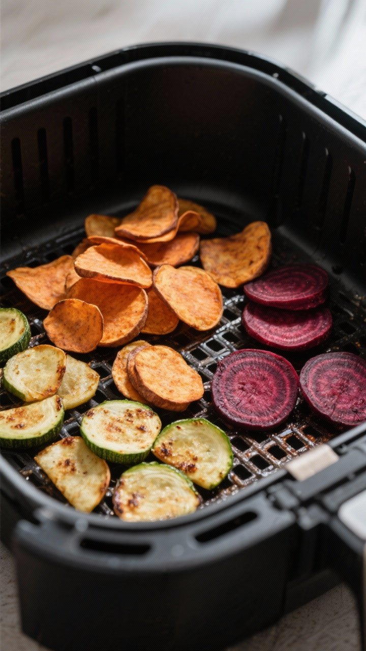 Cooking process: Single-layer chips in an air-fryer basket mid-cook at 325°F—separate clusters of