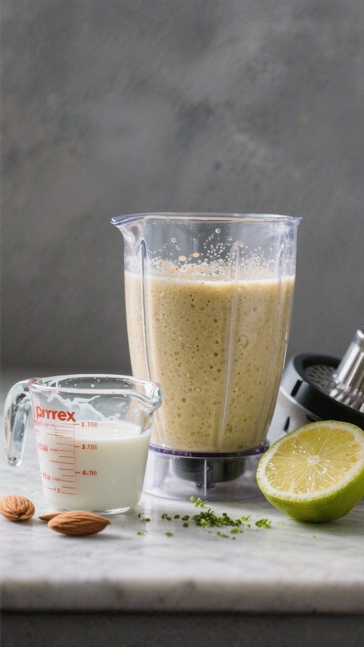 Cooking process: The blended smoothie in a high-speed blender jar immediately after blending, showin