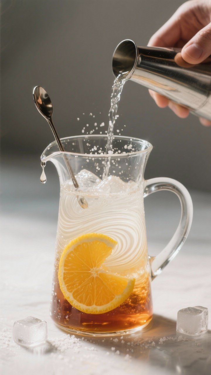 Cooking process: The mixing stage captured mid-swirl in a clear pitcher—citrus juice and maple syr